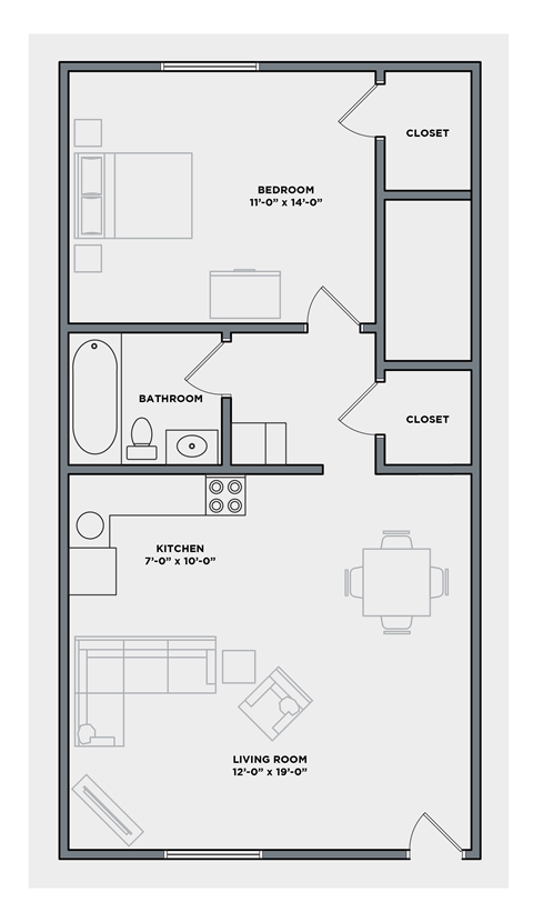 Floor plan for 1 bed, 1 bath, 591 sqft